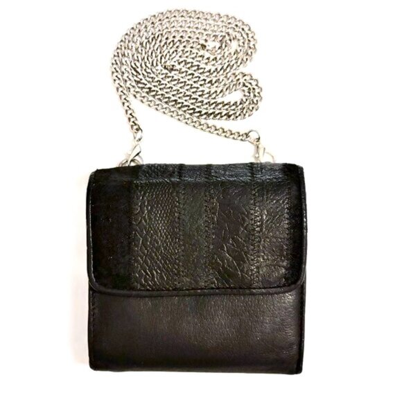 Mini Crossbody 4.5" Clutch Wallet Black Leather Silver Chain Strap Vintage - Picture 1 of 7
